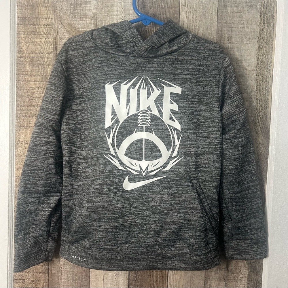 Kids Nike Gray drifit Hoodie with White football Logo